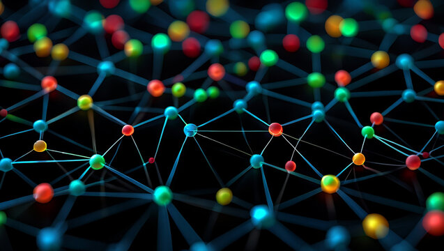 Abstract Network: Colorful Nodes and Connections, Futuristic Technology, Data Visualization - Powered by Adobe
