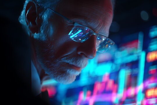 Experienced businessman intently analyzing glowing digital data charts reflecting in his glasses, visualizing future success