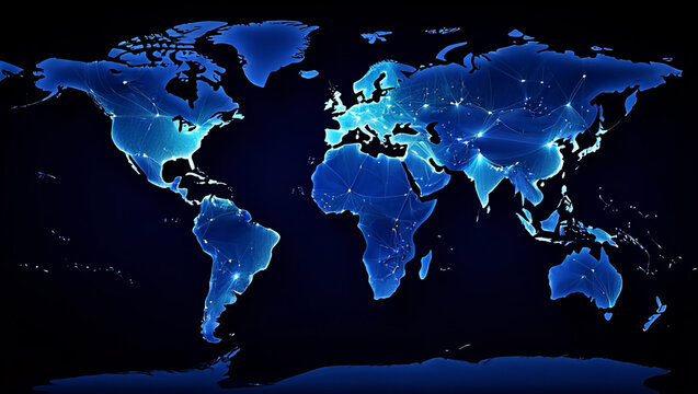 Global Network Connections: Abstract Blue World Map, Futuristic Technology, Digital Communication