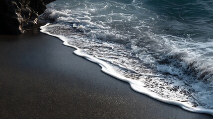 black volcanic sand beach waves crashing natural ocean motion energetic