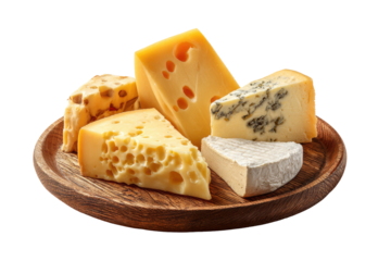 Assorted cheeses on a wooden platter