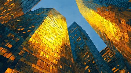 Golden evening light shining through skyscraper