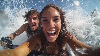 excited couple riding wave on surfboard