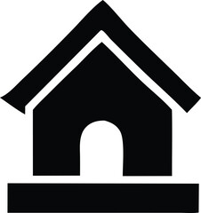 Simple black silhouette of a house with a gabled roof and arched doorway on a white background