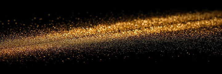 A stream of golden glitter particles scattered across a dark surface creating a sparkling effect in the light