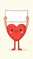 Cute heart character holding blank sign with happy smiling face