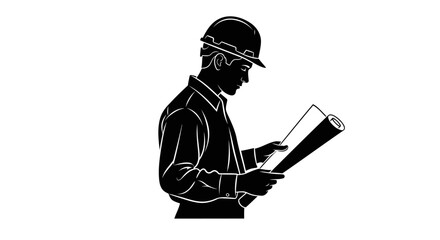 transparent background engineer silhouette reviewing blueprint for design projects