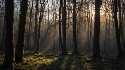 Fototapeta premium Serene forest in early morning haze, sunlight filtering through bare trees, casting beautiful shadows on the vibrant ground.