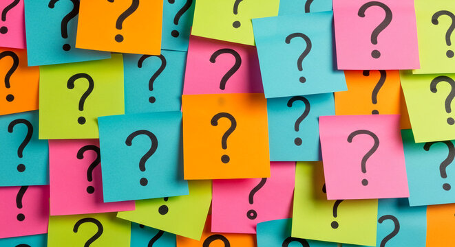 Colorful sticky notes with question marks, overlapping, creating a background of uncertainty and inquiry, symbolizing brainstorming, problem-solving, or decision-making