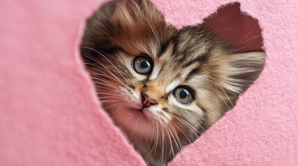 A curious fluffy kitten peeks through a pink heart hole with its tiny whiskers, evoking tenderness, innocence, and the playful beauty of love.