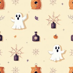 Fototapeta premium Whimsical Pattern with Ghosts, Spiders, Pumpkin, and Potion Bottles Perfect for Halloween Celebrations and Festive Decorations for All Ages