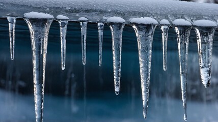 Close-up of glistening icicles hanging from a snowy edge, capturing the beauty of winter's icy artistry.