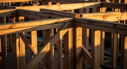 Fototapeta premium Wooden framing of a house under construction, sunlight highlighting the structure