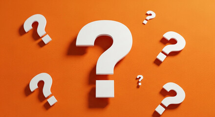 White question marks on orange background, showcasing uncertainty or inquiry concept.  Free space for text