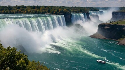 Fototapeta premium Breathtaking view of Niagara Falls, showcasing cascading water and lush greenery with a tour boat navigating the waters.
