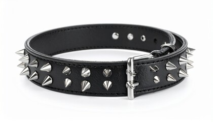 Black leather spiked collar with silver metal studs and buckle, isolated on white background