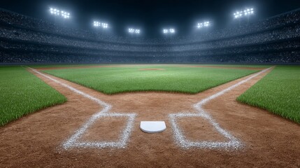 New year baseball celebration at night in stadium with bright lights on field