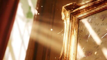 Golden picture frame, bathed in warm sunlight, showcases an antique, patterned surface within.