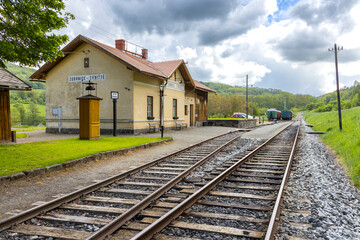 Zubrnice Tyniste narrow gauge railway station in Czechia showing tracks, train cars, and station building
