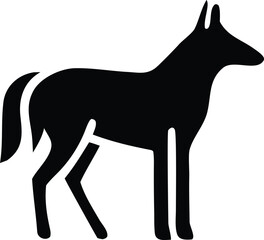 Simple silhouette of a standing horse facing right with a bushy tail and alert ears