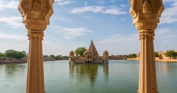 Bada Bagh Temple Framed by Ornate Archway in Golden Light Reflecting on Turquoise Lake Under Clear Blue Sky A Serene Ancient Landmark Scene