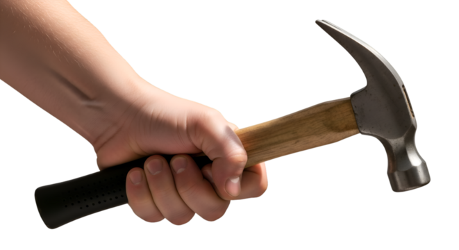 A Hand Firmly Gripping a Hammer Ready for Construction Work.