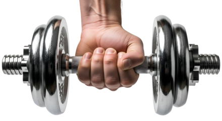 A Hand Firmly Gripping a Shiny Chrome Dumbbell for Exercise.