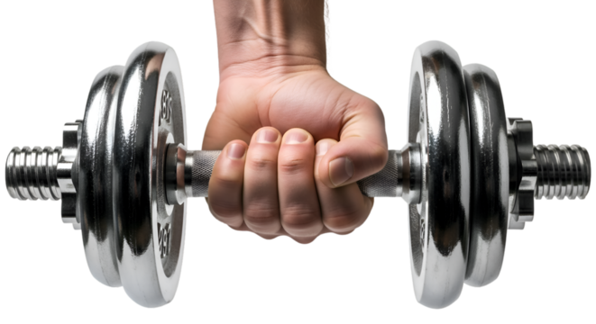 A Hand Firmly Gripping a Shiny Chrome Dumbbell for Exercise.