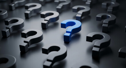 Numerous dark gray question marks surround a single blue one, representing uniqueness, standing out, problem-solving, or finding answers