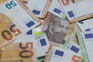 50 Bulgarian Lev Note Surrounded by 50 Euro Banknotes