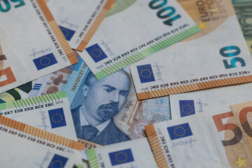 20 Bulgarian Lev Note Surrounded by Euro Banknotes