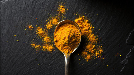 Close-up of turmeric powder in a silver spoon on a textured black surface