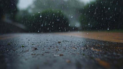 Raindrops splatter on a wet surface, capturing the essence of a stormy day.