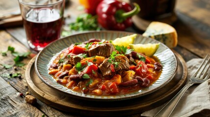 A wooden plate with a portion of goulash. Beef, red beans, bell peppers and tomatoes. The dish is sprinkled with ground black pepper and parsley. A piece of blue cheese is placed on a plate.