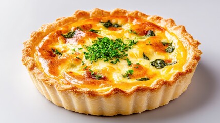 Minimalist food scene featuring spinach and cheese quiche, placed off-center on a grey background with natural daylight