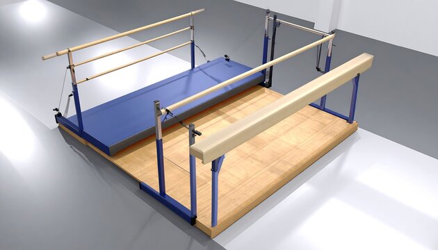 Gymnastic equipment, parallel bars and beam, on platform