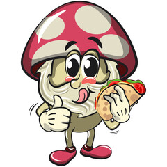 cute mushroom character cartoon mascot vector illustration carrying a taco while giving a thumbs up, work of hand drawn