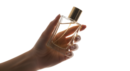 Elegant Hand Holding Perfume Bottle with Golden Cap and Clear Liquid.