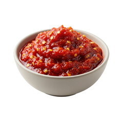 Vibrant red chili garlic sauce in a white ceramic bowl, showcasing its rich texture and spicy appeal for various culinary uses.