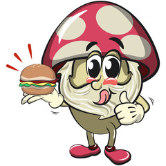 Naklejka premium cute mushroom character cartoon mascot vector illustration carrying a burger while giving a thumbs up, work of hand drawn