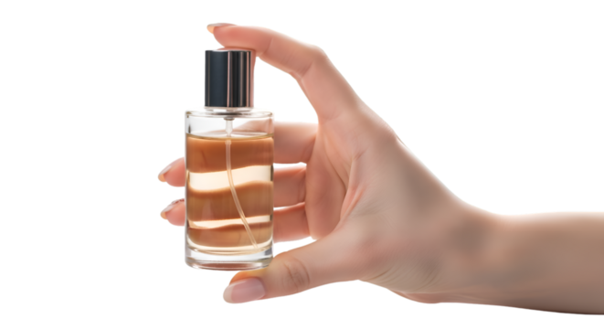 Elegant Hand Holding Perfume Bottle with Layered Amber Liquid.