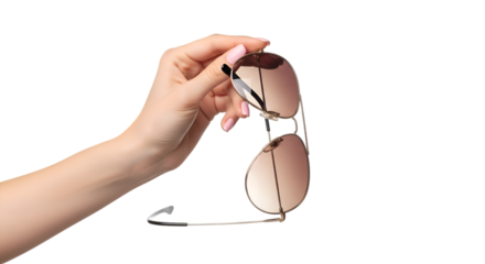 Elegant Hand Holding Stylish Aviator Sunglasses with Pink Tinted Lenses.
