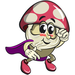 cute mushroom character cartoon mascot vector illustration as flying superhero wearing a robe, work of hand drawn