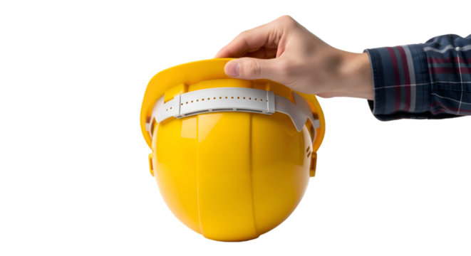 Hand Gently Holding a Bright Yellow Construction Safety Helmet.