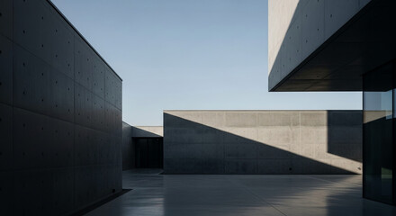 Obraz premium Geometric concrete architecture, showcasing shadows and textures, minimalist design, representing modernism and urban spaces, ideal for architectural design or real estate