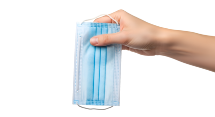 Hand Holding a Blue Surgical Mask with White Ear Loops Close Up.