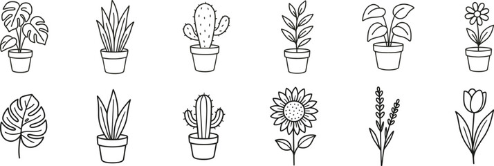 Potted Plants and Flowers Line Art Set