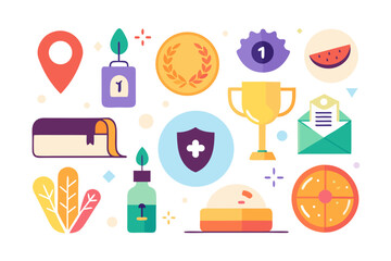 Collection of flat design icons representing success achievement and rewards