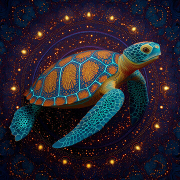 Sea turtle with glowing blue and orange shell swimming in mystical dark background filled with golden lights and intricate patterns, evoking magical and serene underwater scene