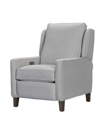 Gray upholstered armchair with wooden legs on a white background + clipping path. Furniture, interior object.